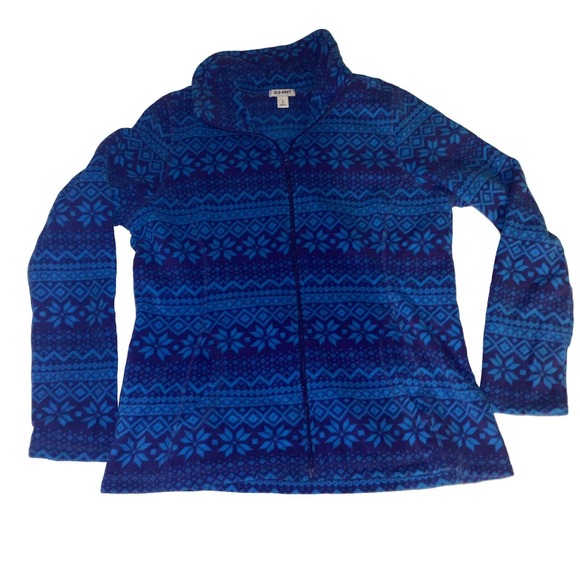 Old Navy‎ Blue Fair Isle Fleece Women Size Large Zip Sweatshirt - Picture 1 of 9